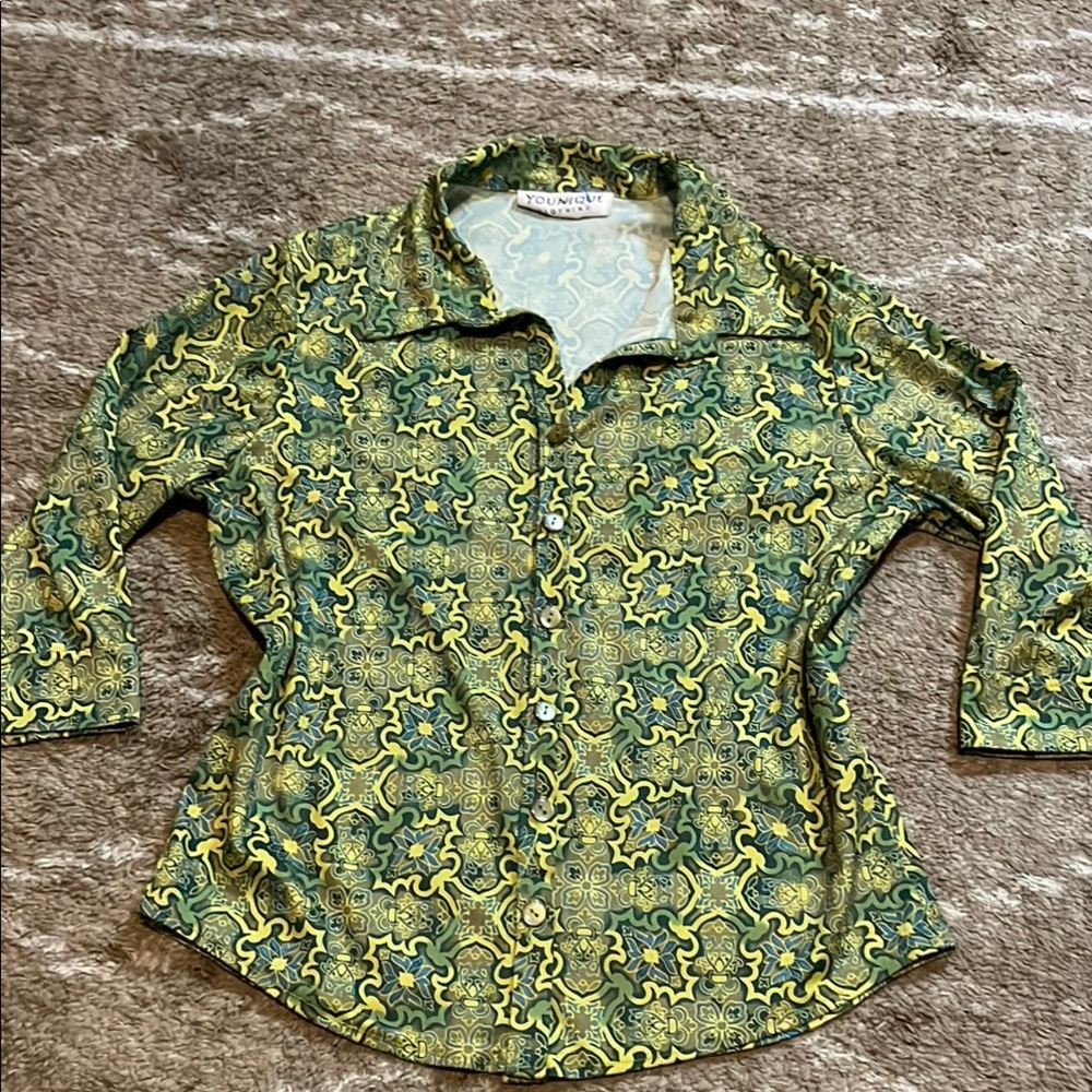 Younique Women’s Vintage Y2K Yellow and Green Patterned Blouse